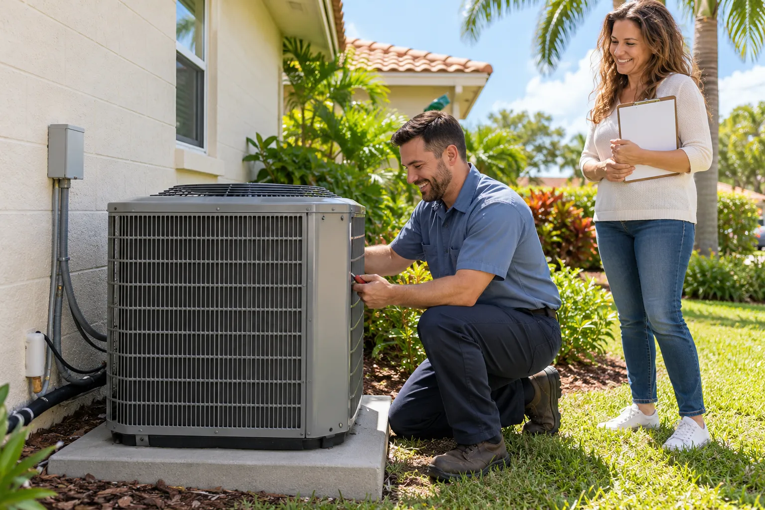 A friendly HVAC provider showing a homeowner a new outdoor air conditioner beside a the Plant City area home