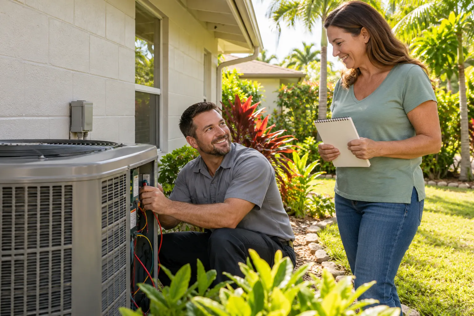 A friendly HVAC provider checking an outdoor air conditioner with a homeowner near Plant City