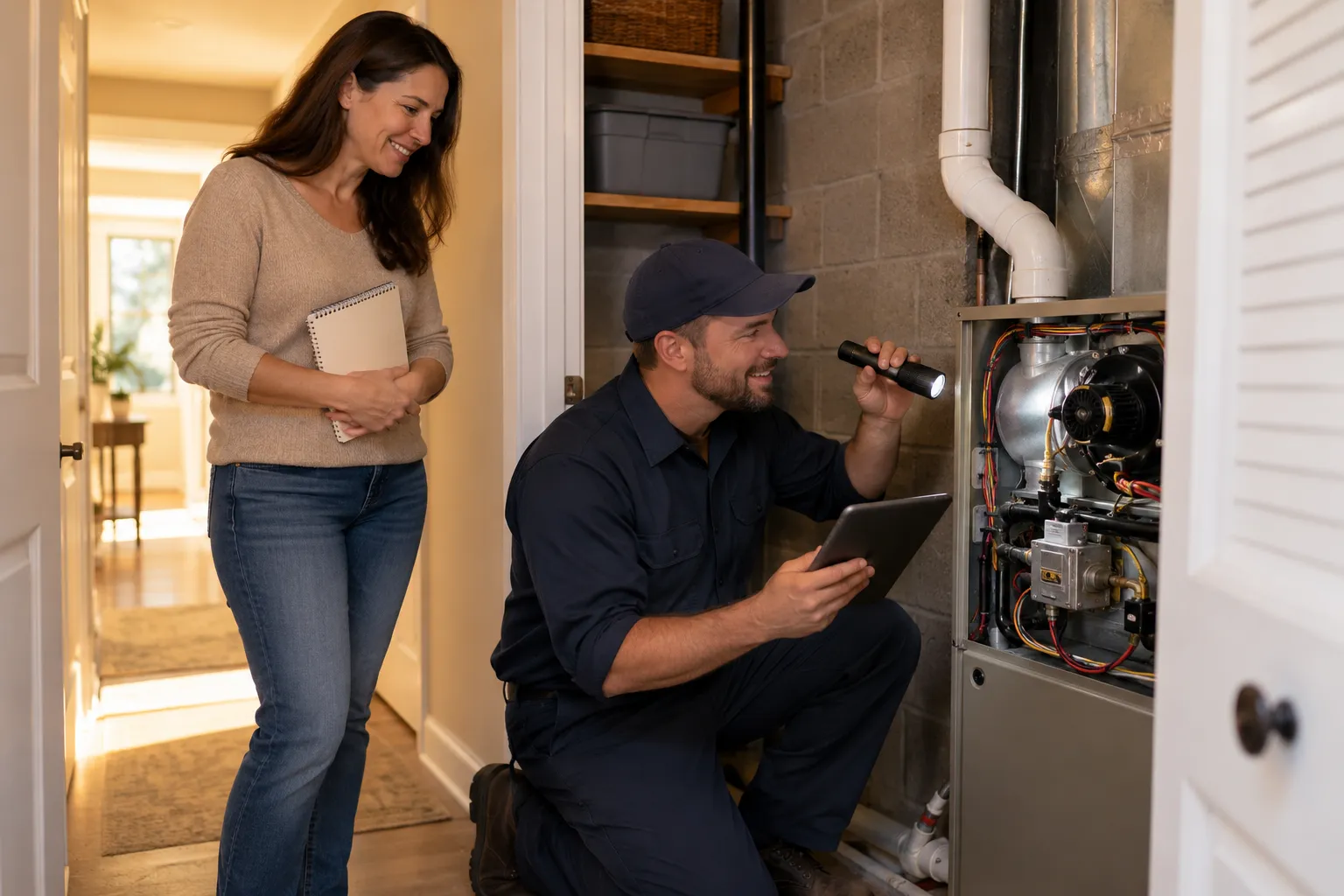 A friendly HVAC provider checking a furnace with a homeowner in a Plant City home