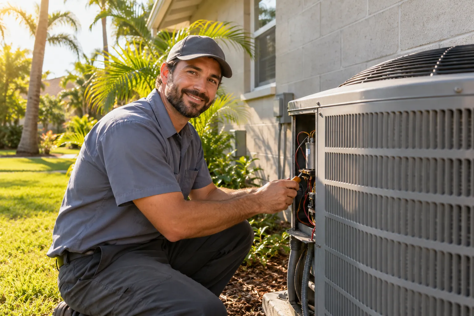 Friendly HVAC provider inspecting an outdoor AC unit in the Plant City area